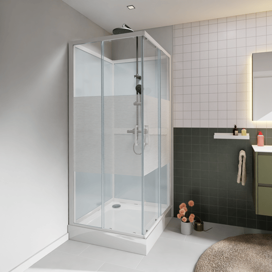 Luca Varess Talan douchecabine met schuifdeuren 90 x 90 cm helder glas met mat gestreepte strook glanzend wit profiel