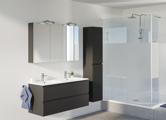 Linie Lado hängender Waschbeckenunterschrank: 120 x 46 cm, Schwarz Matt, 2 Schubladen, 2 Siphonaussparungen