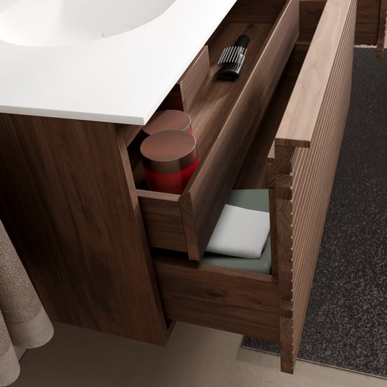 Balmani Forma zwevend badmeubel 135 x 55 cm amerikaans notenhout met Tablo Oval dubbele wastafel in solid surface mat wit, Horizontale symmetrische rechte ribbel