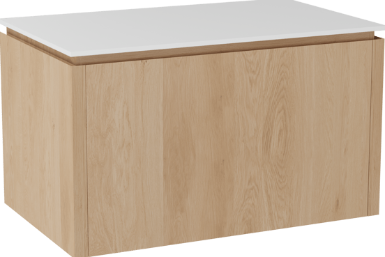 Balmani Eclips zwevend badmeubel 90 x 55 cm Natuur eiken met Stretto enkel wastafelblad in Solid Surface mat wit