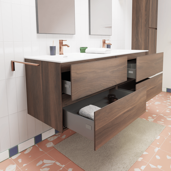 Storke Edge zwevend badmeubel 150 x 52 cm notenhout met Mata dubbele wastafel in solid surface mat wit