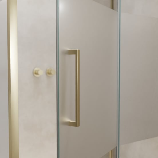 Balmani Senses Design douchehoek met rechtse draaideur en vaste zijwand, 120 x 90 cm, Helder glas met matte strook, Brushed Champagne Gold profielen