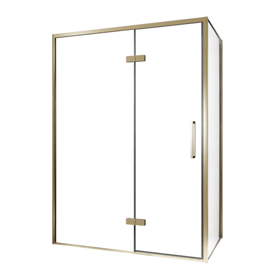 Balmani Senses Design douche en coin avec porte pivotante à gauche et paroi latérale fixe, 140 x 70 cm, Verre transparent, Profil Brushed Champagne Gold, coating inclus