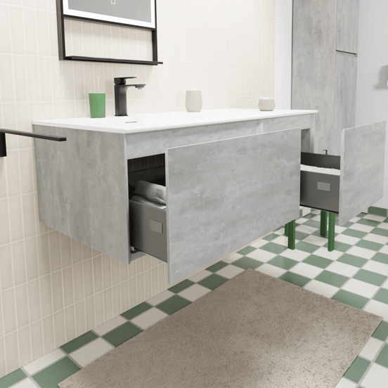 Storke Edge zwevend badmeubel 110 x 52 cm beton donkergrijs met Mata asymmetrisch linkse wastafel in solid surface mat wit