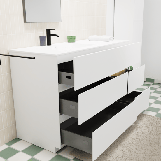 Storke Edge staand badmeubel 130 x 52 cm mat wit met Mata asymmetrisch linkse wastafel in solid surface mat wit