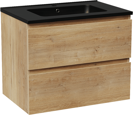 Linie Lado zwevend badmeubel 70 x 46 cm naturel eiken met Vano enkele wastafel in composietmarmer mat zwart