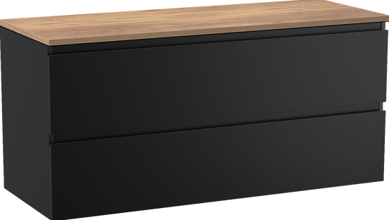 Linie Lado zwevend badmeubel 120 x 46 cm mat zwart met Lado enkel of dubbel wastafelblad in melamine naturel eiken