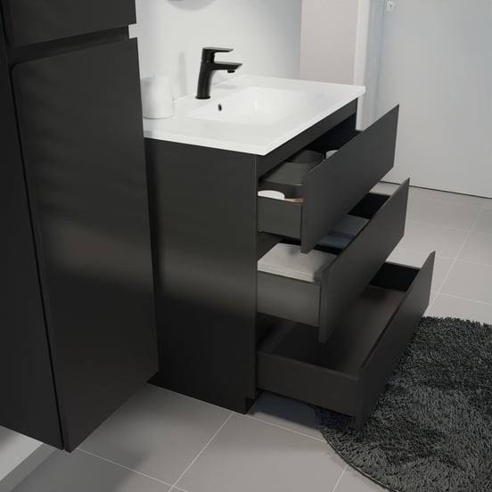 Linie Lado staand badmeubel 80 x 46 cm mat zwart met Vano enkele wastafel in composietmarmer mat wit