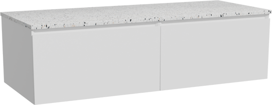 Storke Edge hängendes Möbelstück Set: 130 x 52 cm, Weiß matt, mit Tavola Einzel- oder Doppel Waschtischplatte, Terrazzo in Weiß/Schwarz matt