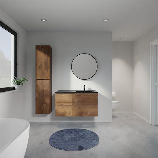 Linie Lado zwevend badkamermeubel 100 x 46 cm bruine eik met Vano asymmetrisch rechtse wastafel in composietmarmer mat zwart