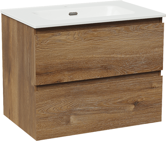 Linie Lado hängendes Möbelstück Set: 70 x 46 cm, Braune Eiche, mit Baro Einzelwaschtisch, Porzellan Weiß glänzend