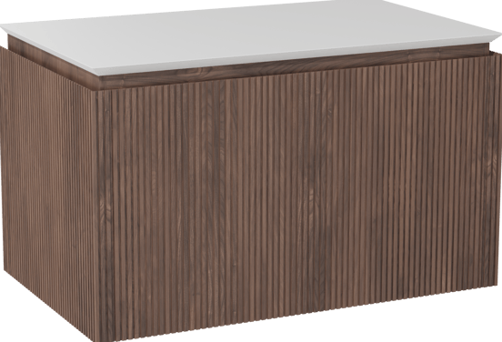 Balmani Eclips hängendes Möbelstück Set: 90 x 55 cm, Amerikanischer Nussbaum, mit Eclips Einzel Waschtischplatte Solid Surface Weiβ matt, Vertikale symmetrische gerade Rippe