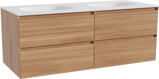 Balmani Mitra zwevend badmeubel 135 x 55 cm teakhout met Tablo Oval dubbele wastafel in solid surface mat wit