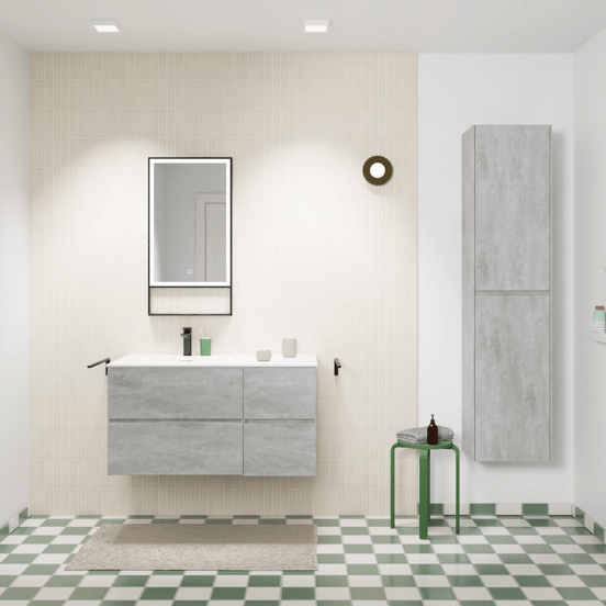 Storke Edge zwevend badmeubel 100 x 52 cm beton donkergrijs met Mata asymmetrisch linkse wastafel in solid surface mat wit