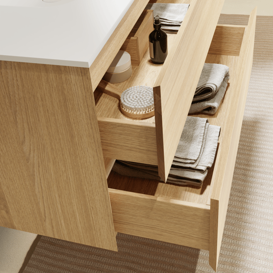 Balmani Mitra zwevend badmeubel 135 x 55 cm naturel eiken met Tablo Arcato dubbele wastafel in solid surface mat wit