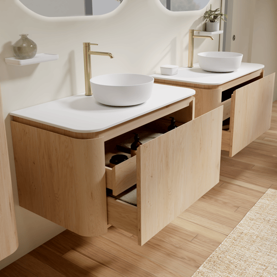 Balmani Moon hängendes Möbelstück Set: 100 x 55 cm, Naturbelassene Eiche, mit Moon Einzel Waschtischplatte, Solid Surface Weiß matt