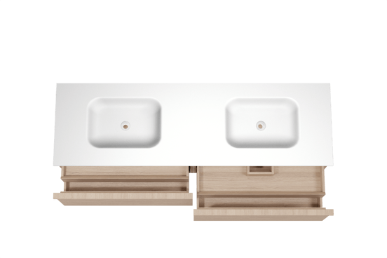 Balmani Forma hängendes Möbelstück Set: 180 x 55 cm, Naturbelassene Eiche, mit Tablo Arcato Doppelwaschtisch, Solid Surface, Weiß matt, Horizontale symmetrische gerade Rippe