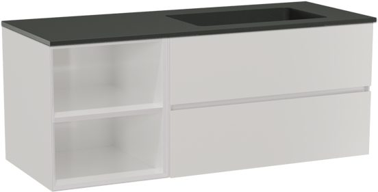 Storke Edge zwevend badmeubel 130 x 52 cm hoogglans wit met Scuro asymmetrisch rechtse wastafel in kwarts mat zwart