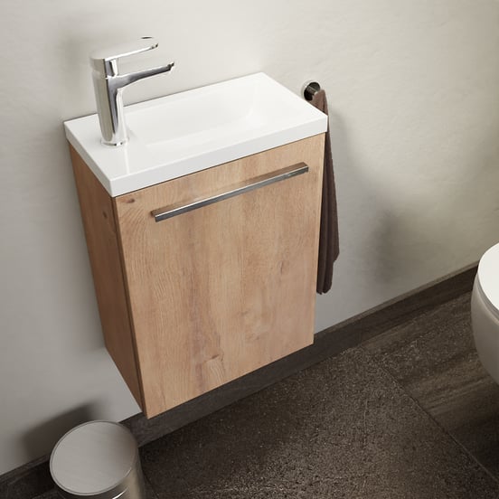 SanyOne Roxy hängendes Badmöbel Set (Gäste WC): 40 x 22 cm, Eiche Natur, Roxy Waschtisch, Marmorkomposit, glänzend