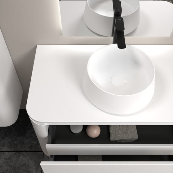 Balmani Moon zwevend badmeubel 160 x 55 cm mat wit met Moon enkel of dubbel wastafelblad in solid surface mat wit