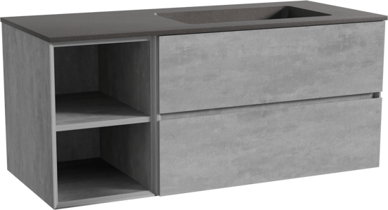 Storke Edge zwevend badmeubel 120 x 52 cm beton donkergrijs met Scuro asymmetrisch rechtse wastafel in kwarts mat zwart