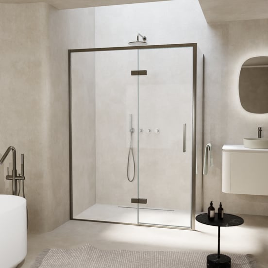 Balmani Senses Design douche en coin avec porte pivotante à gauche et paroi latérale fixe, 140 x 70 cm, Verre transparent, Profil Brushed GunMetal, coating inclus