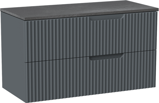 Linie Ribbo zwevend badmeubel 100 x 46 cm blauw antraciet met Lado enkel of dubbel wastafelblad in melamine grijze leisteen, Verticale symmetrische ronde ribbel