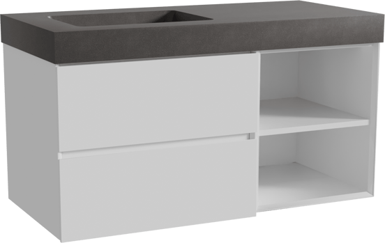 Storke Edge meuble salle de bains suspendu 110 x 52 cm blanc brillant avec Scuro High plan vasque asymétrique à gauche en quartz noir mat