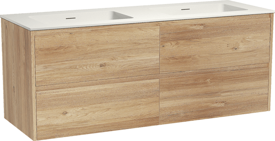 Storke Seda hängendes Möbelstück Set: 150 x 52 cm, Rohe Eiche, mit Mata Doppelwaschtisch, Solid Surface Weiß matt