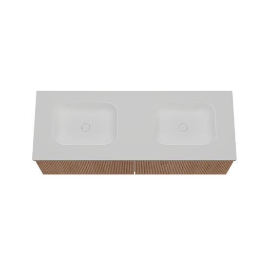 Balmani Forma hängendes Möbelstück Set: 150 x 55 cm, Naturbelassene Eiche, mit Tablo Arcato Doppelwaschtisch, Solid Surface, Weiß matt, Vertikale symmetrische gerade Rippe