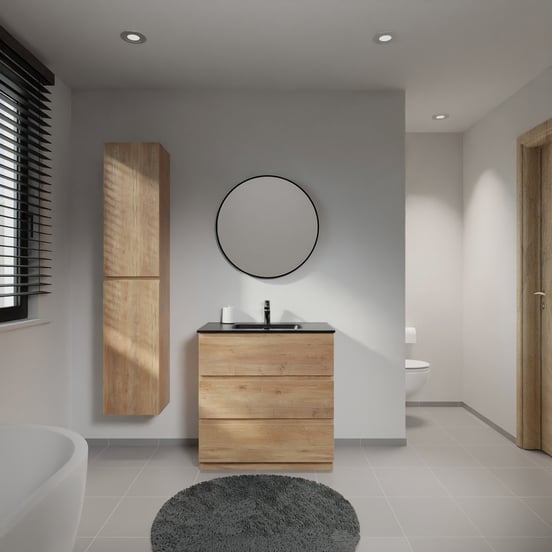 Linie Lado staand badmeubel 80 x 46 cm naturel eiken met Baro enkele wastafel in porselein mat zwart