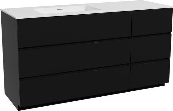 Storke Edge meuble salle de bains à poser 150 x 52 cm noir mat avec Mata plan vasque asymétrique à gauche en solid surface blanc mat