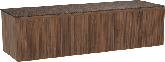 Balmani Fila zwevend badkamermeubel 180 x 55 cm notelaar met Stretto enkel of dubbel tablet in marmer dark emperador, Verticale symmetrische rechte ribbel