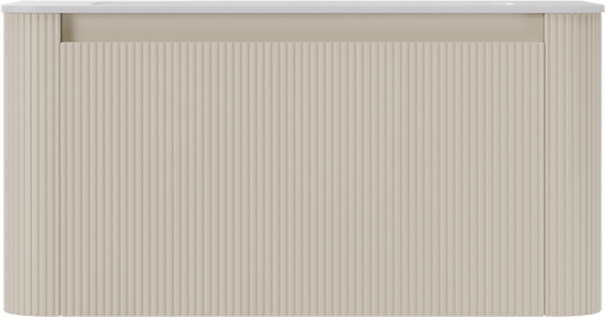 Storke Soft zwevend badkamermeubel 100 x 46 cm Sand mat met Mata Soft enkele wastafel in solid surface mat wit, Verticale symmetrische rechte ribbel