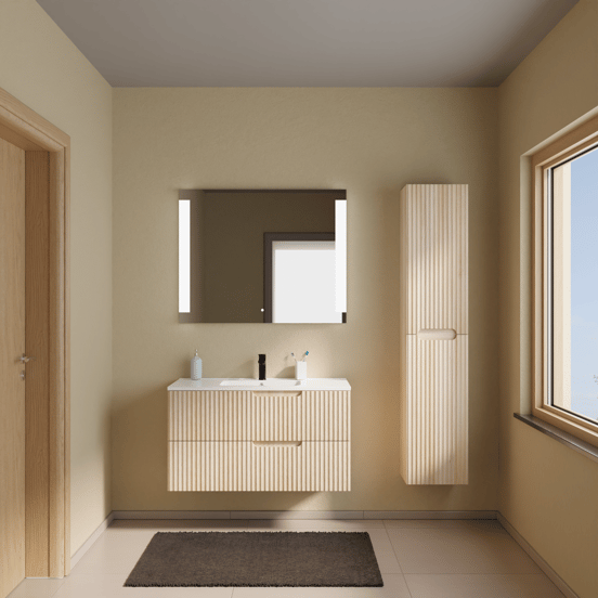 Linie Ribbo zwevend badmeubel 100 x 46 cm licht eiken met Vano enkele wastafel in composietmarmer hoogglans wit, Verticale symmetrische ronde ribbel