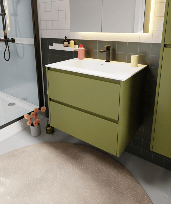 Storke Seda hängender Waschbeckenunterschrank: 75 x 52 cm, Olivgrün, 2 Schubladen