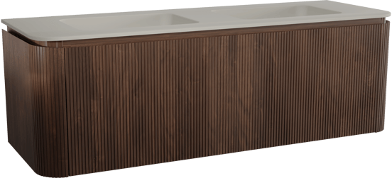 Balmani Moon zwevend badmeubel 160 x 55 cm amerikaans notenhout met Moon dubbele wastafel in top solid zijdegrijs, Verticale symmetrische rechte ribbel