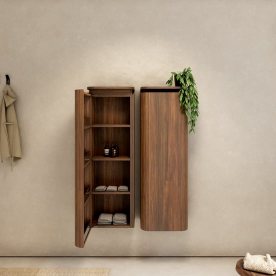 Balmani Moon Badhochschrank: Hängend, links, Amerikanischer Nussbaum, 44 x 32 x 130 cm