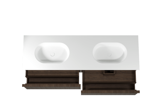 Balmani Forma zwevend badmeubel 180 x 55 cm gerookt eiken met Tablo Oval dubbele wastafel in solid surface mat wit, Verticale symmetrische rechte ribbel