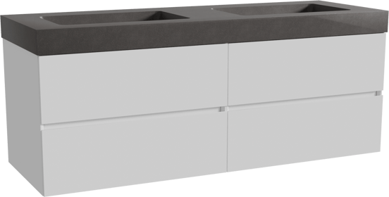 Storke Edge zwevend badmeubel 150 x 52 cm hoogglans wit met Scuro High dubbele wastafel in kwarts mat zwart