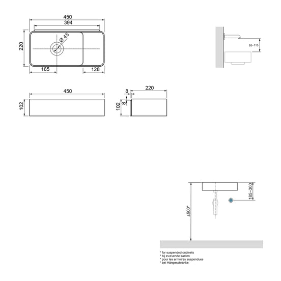 Balmani Fara zwevend toiletmeubel 45 x 22 cm amerikaans notenhout met Fara wastafel in Dark Emperador marmer