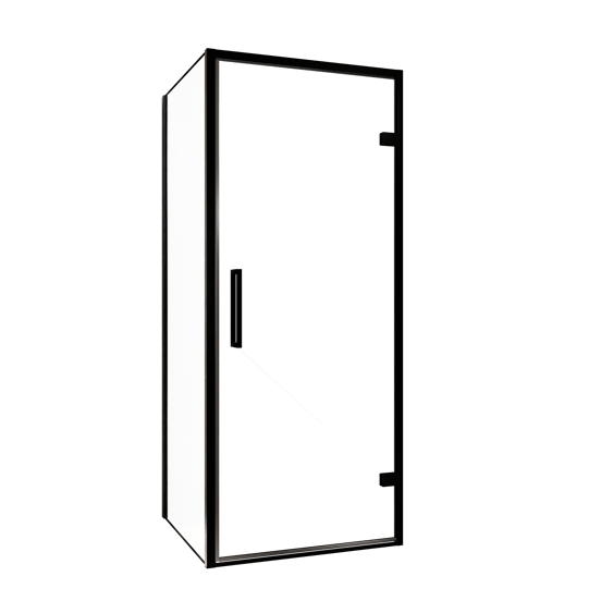 Balmani Senses Design douchehoek met rechtse draaideur en vaste zijwand, 90 x 90 cm, Helder glas, Zwarte profielen, met coating