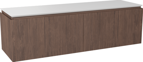 Balmani Eclips meuble salle de bains suspendu 180 x 55 cm Noyer américain avec Eclips tablette simple ou double vasque en Solid Surface blanc mat, Nervure droite symétrique verticale