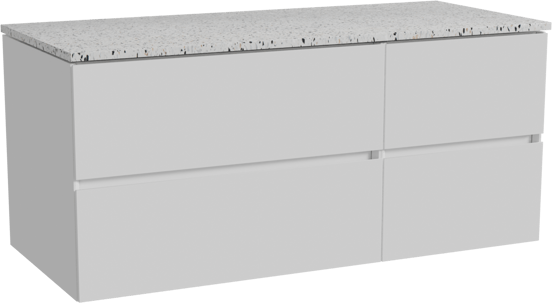 Storke Edge hängendes Möbelstück Set: 120 x 52 cm, Weiß glänzend, mit Tavola Einzel- oder Doppel Waschtischplatte, Terrazzo in Weiß/Schwarz matt