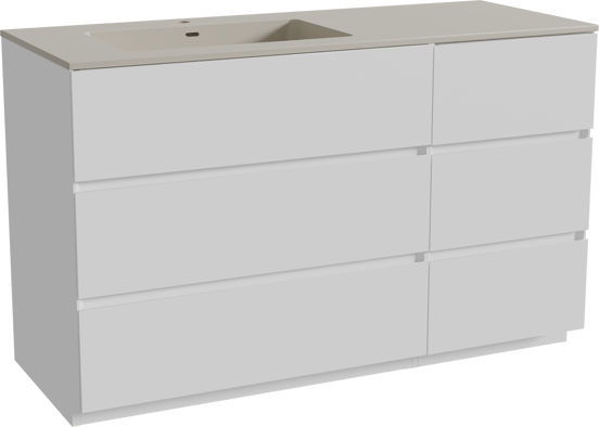 Storke Edge staand badmeubel 130 x 52 cm mat wit met Diva asymmetrisch linkse wastafel in top solid zijdegrijs