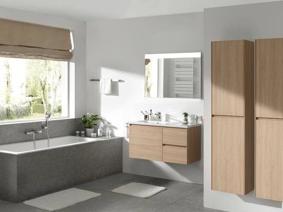 Storke Edge zwevende wastafelonderkast 100 x 46 cm asymmetrisch links naturel eiken 3 lades