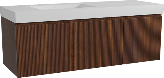 Storke Ribs zwevend badmeubel 150 x 52 cm notenhout met Mata High asymmetrisch linkse wastafel in solid surface mat wit, Verticale symmetrische rechte ribbel