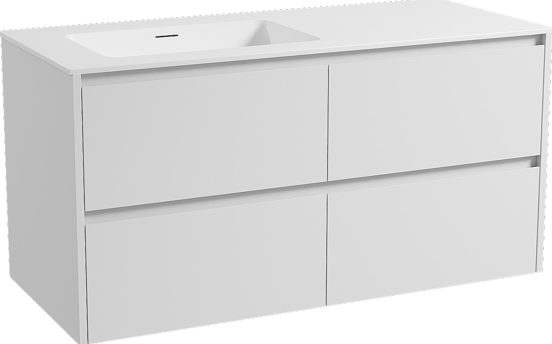 Storke Seda hängendes Möbelstück Set: 120 x 52 cm, Weiß matt, mit Mata Waschtisch links, Solid Surface Weiß matt