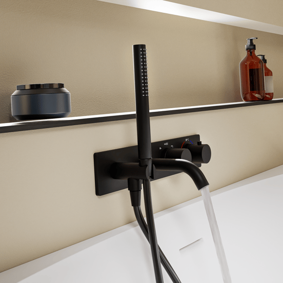 Blaufoss Round thermostatische inbouw badkraan met douchekop Mat Zwart incl. inbouwelement