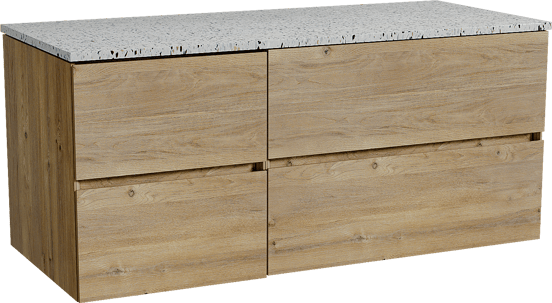 Storke Edge zwevend badkamermeubel 120 x 52 cm ruwe eik met Tavola enkel of dubbel tablet in mat wit/zwart terrazzo